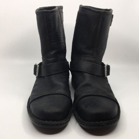 UGG Australia Lancing Black Leather Sherpa Lined Mid Ankle Moto Boots Sz 12 - Picture 4 of 16